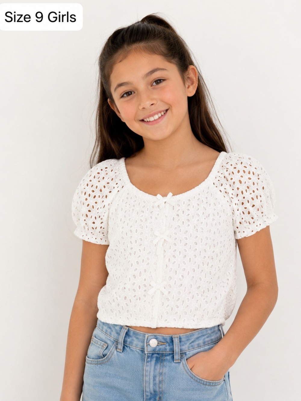 ZARA Kids Eyelet Lace Fabric and Puff Sleeves Top